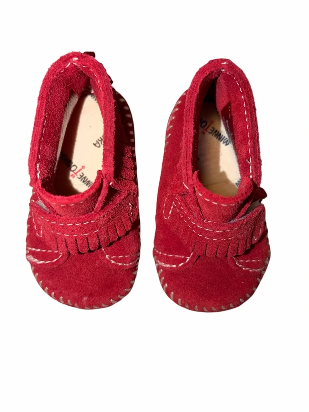 EUC Minnetonka Red Suede Leather Baby Moccasins 2 Fringe Western Americana Crib